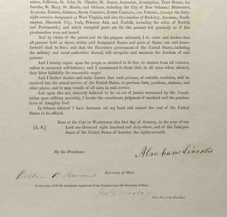 Close up of all signatures on the Emancipation Proclamation signed by Abraham Lincoln at Christie's We the People auction