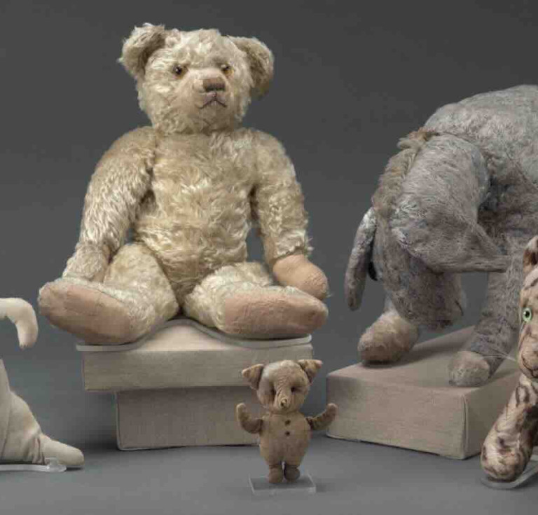The original Winnie-the-Pooh, Piglet, Eeyore, Kanga, and Tigger on permanent display at The Polonsky Exhibition of The New York Public Library's Treasures
